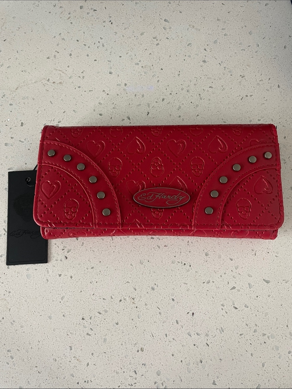 NWT - Ed Hardy Red Embossed Heart & Skull Studded Wallet faux vegan leather.